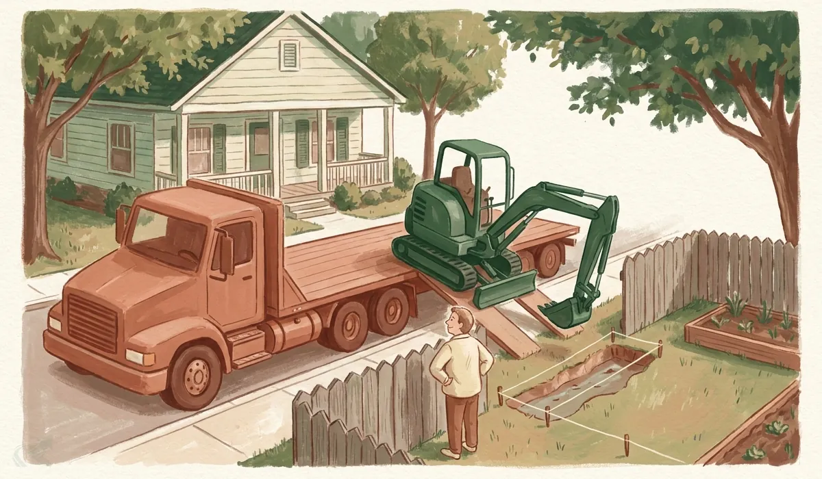 Illustration of a large flatbed truck at the curb unloading a compact excavator down its ramps for a single short ditch marked with string in a small backyard, while the homeowner watches from the fence.