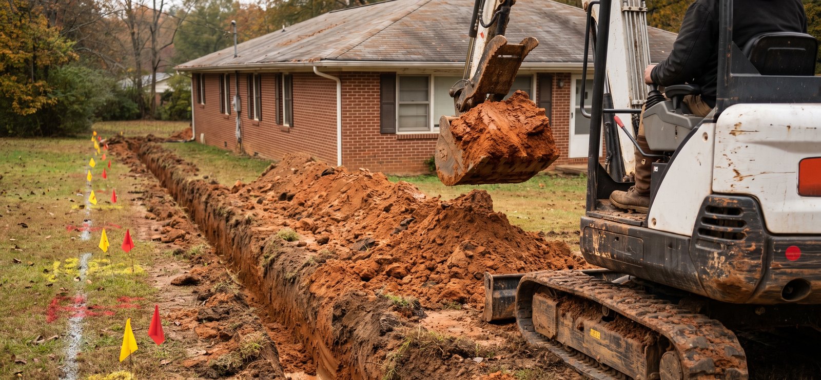 A compact excavator lifting red Piedmont clay out of a trench beside a brick ranch house in North Carolina, with utility locate flags marked in a separate line well clear of the dig.