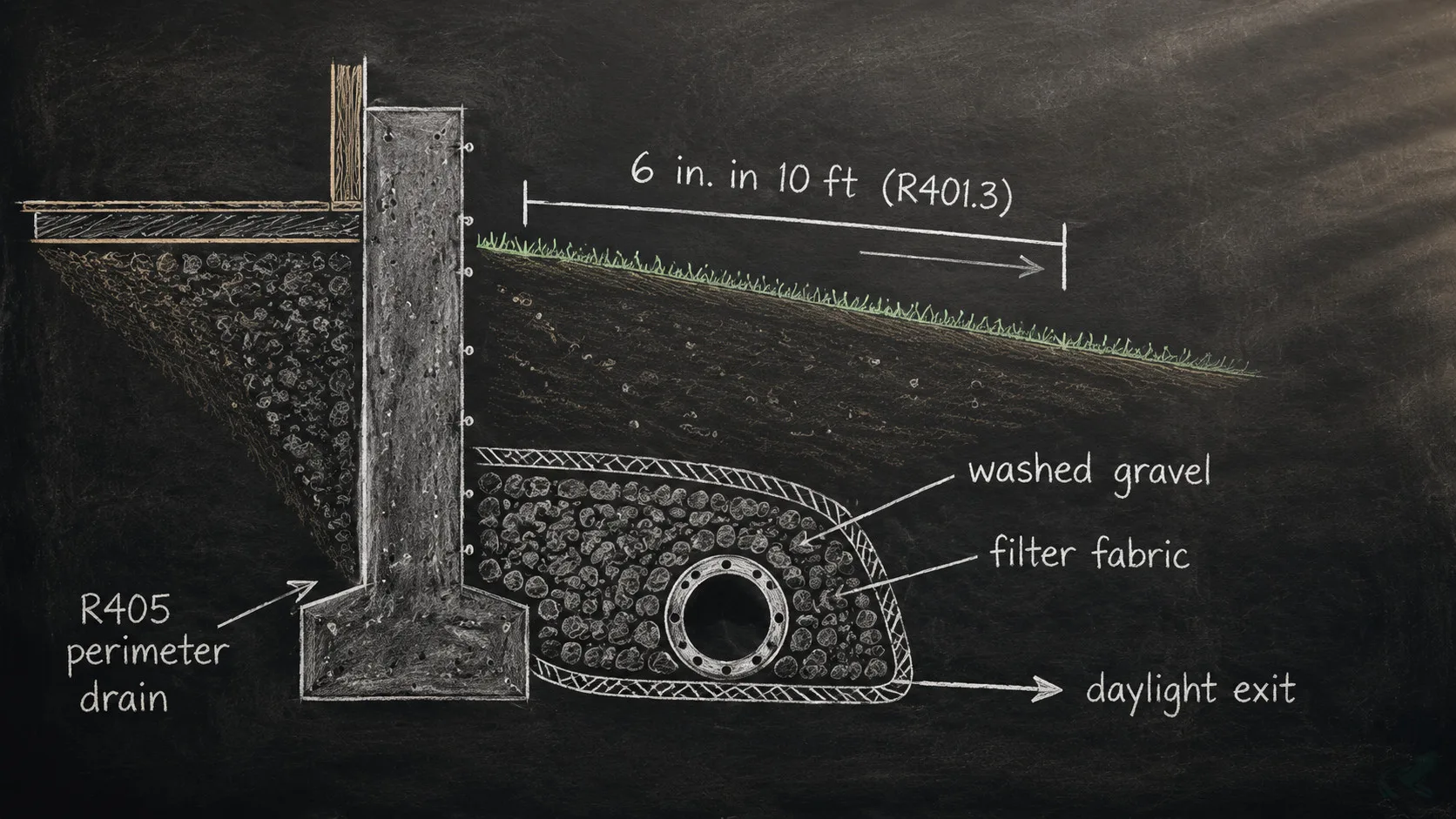 Chalkboard cross-section diagram showing NC code R401.3 grade requirement of 6 inches in 10 feet sloping away from a foundation wall, and R405 perimeter drain with perforated pipe, washed gravel, and filter fabric below the footing