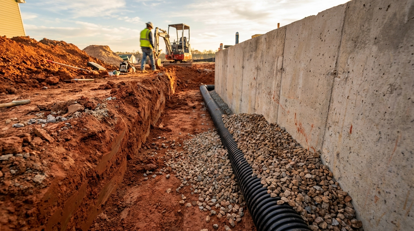 NC foundation drainage trench exposing Piedmont red clay backfill and perimeter drain pipe