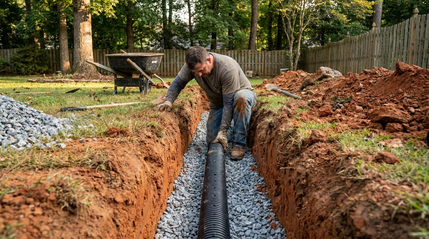 NC French drain trench mid-installation in red Piedmont clay with perforated pipe and gravel