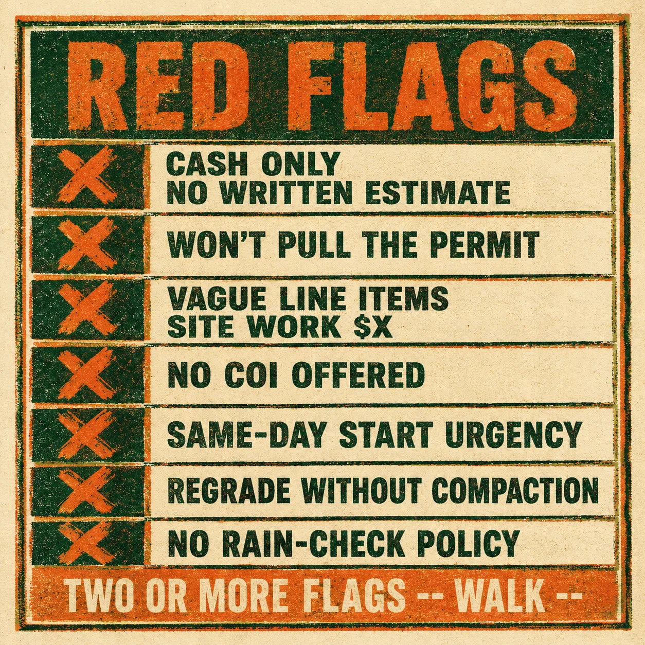 Risograph-print checklist of 7 NC grading quote red flags -- cash only, won't pull permit, vague line items, no COI, same-day start urgency, regrade without compaction, no rain-check -- with a footer: two or more flags, walk.