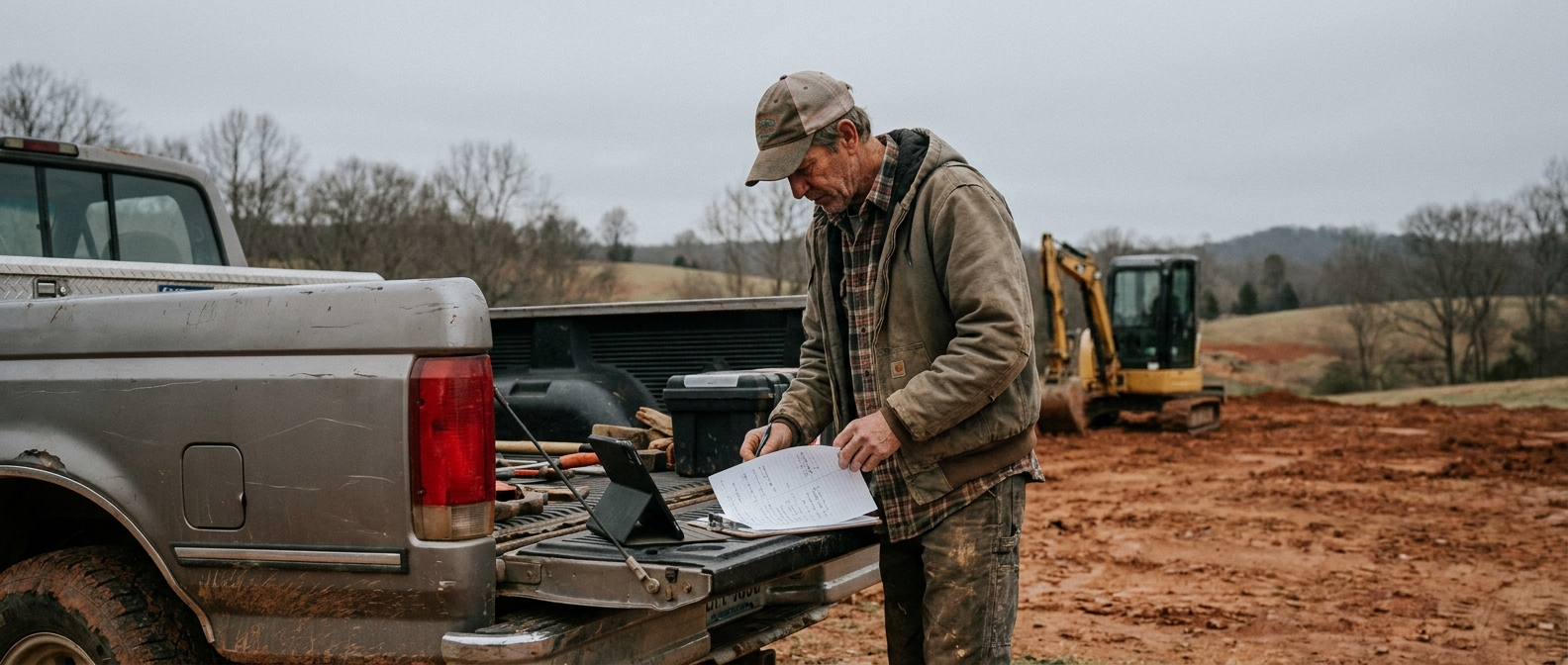 Grading contractor writing itemized quote on clipboard at NC residential lot with track loader behind