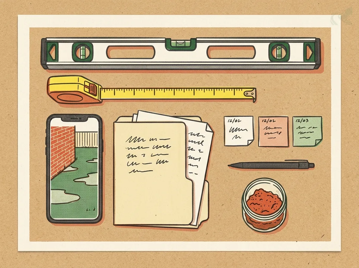 Flat-lay illustration on kraft paper of a homeowner's drainage evidence: a four-foot level, a tape measure, a phone photo of a wet lawn beside a brick wall, a folder of papers, dated sticky notes, a pen and a jar of red clay.