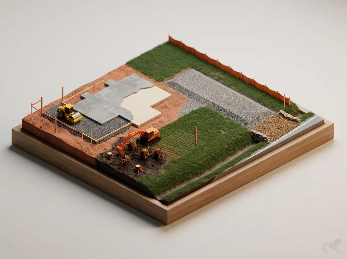 Isometric diorama of a single residential lot divided into five grading zones: pad grading with a roller compacting aggregate base, lot prep with an excavator grubbing stumps, regraded lawn sloping away from the house, driveway subgrade with a crowned gravel surface, and an orange silt fence perimeter for erosion control