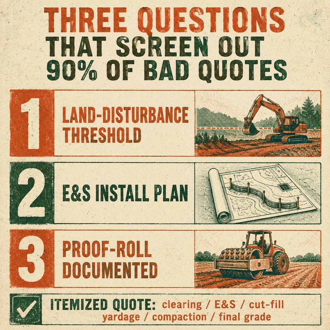 Risograph-print checklist of the three contractor screening questions: (1) land-disturbance threshold for the county, (2) E&S install plan, (3) proof-roll documented — with a note that an itemized quote must break out clearing, E&S, cut-fill yardage, compaction, and final grade
