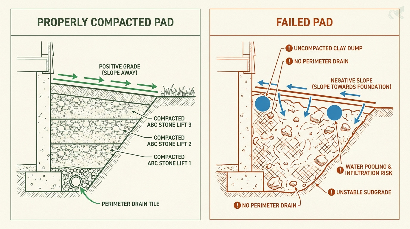 Two-panel cross-section comparison: left panel shows properly compacted pad with distinct ABC stone lifts, perimeter drain tile at footing, and positive grade sloping away from foundation; right panel shows failed pad with single uncompacted red clay dump, no drain, and water pooling against foundation wall