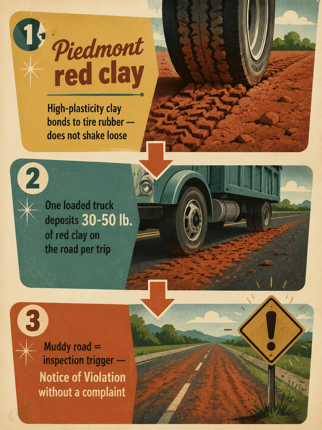 Retro mid-century style three-step diagram showing the Piedmont red clay chain: high-plasticity clay bonds to tire rubber, a single loaded truck deposits 30 to 50 pounds of clay on the road per trip, and a visible red-clay road surface is a Notice of Violation trigger for NC county inspectors.
