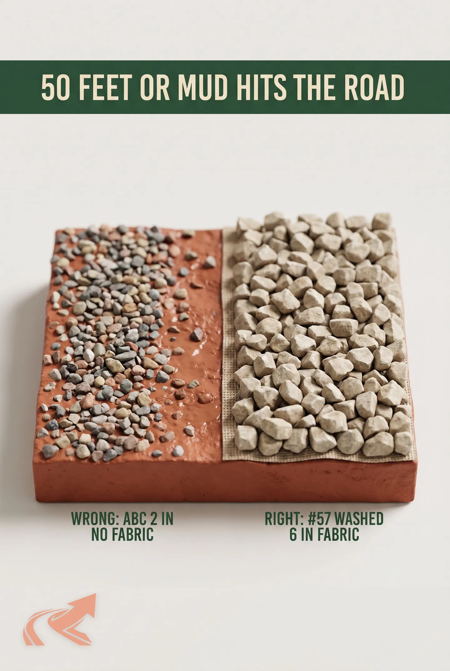 NC stabilized construction entrance spec showing rock size, depth, and dimensions required to stop clay tracking onto the road
