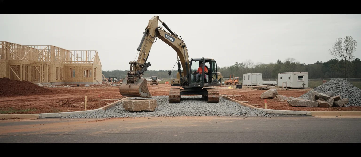 NC construction entrance gravel pad being spread by excavator at job site.