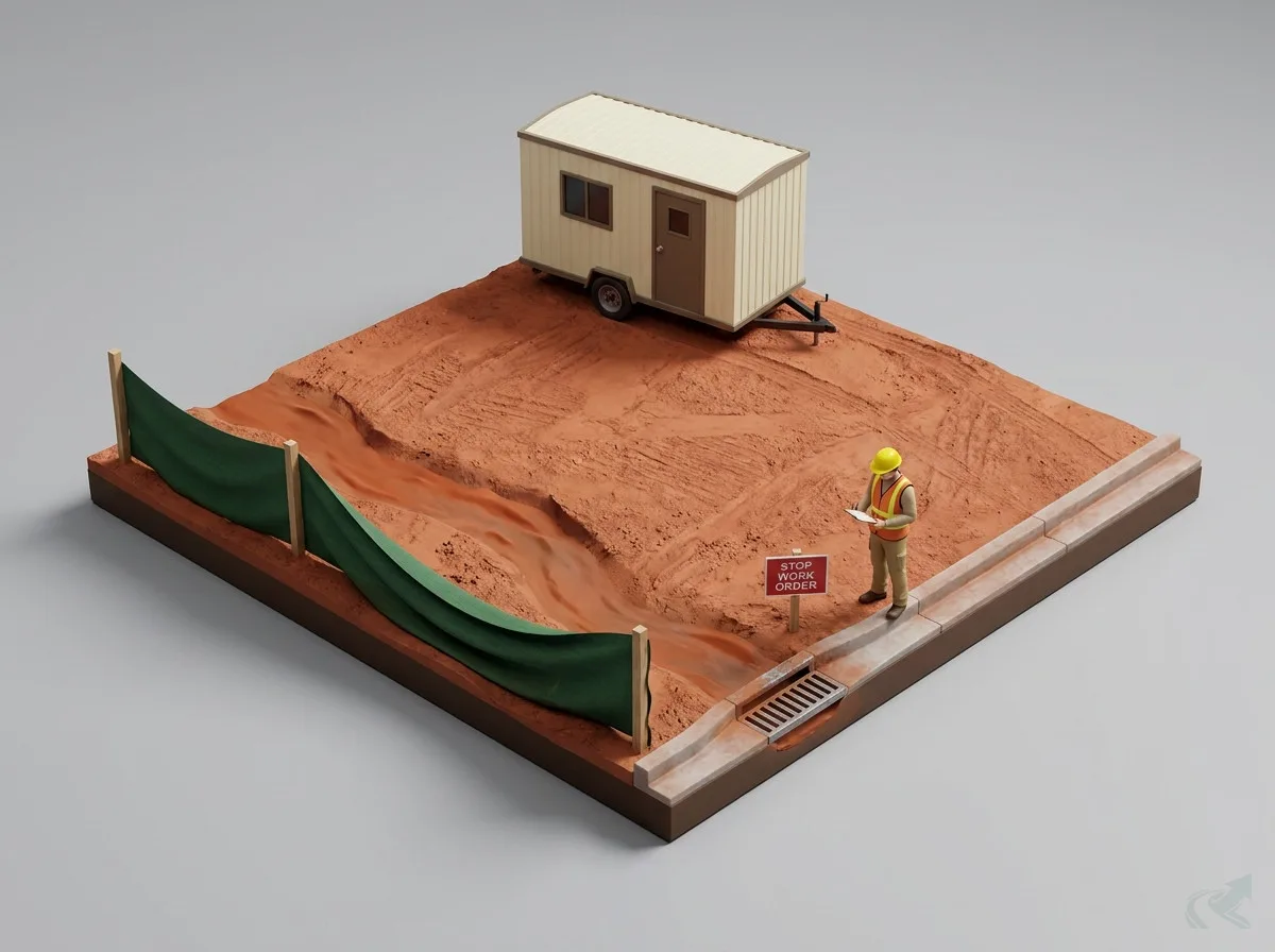 Isometric diorama of an NC construction site showing collapsed silt fence, exposed red clay, an inspector with a clipboard at the storm drain, and a Stop Work Order sign.