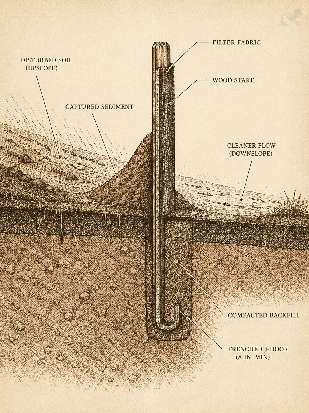 Field-guide cross-section showing a silt fence post with filter fabric trenched and J-hooked 8 inches into the soil, captured sediment on the upslope side, and cleaner flow passing downslope.