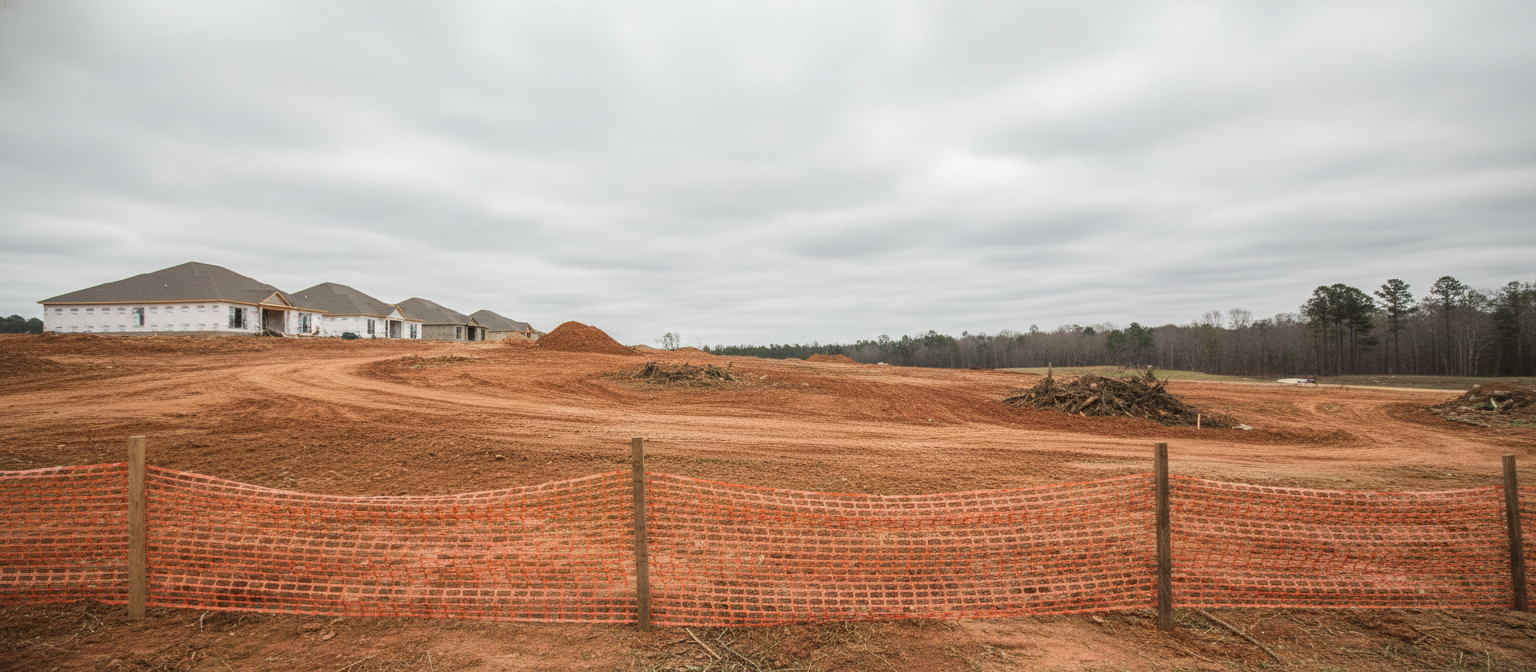 Orange silt fence running along the downhill perimeter of an NC residential grading project.