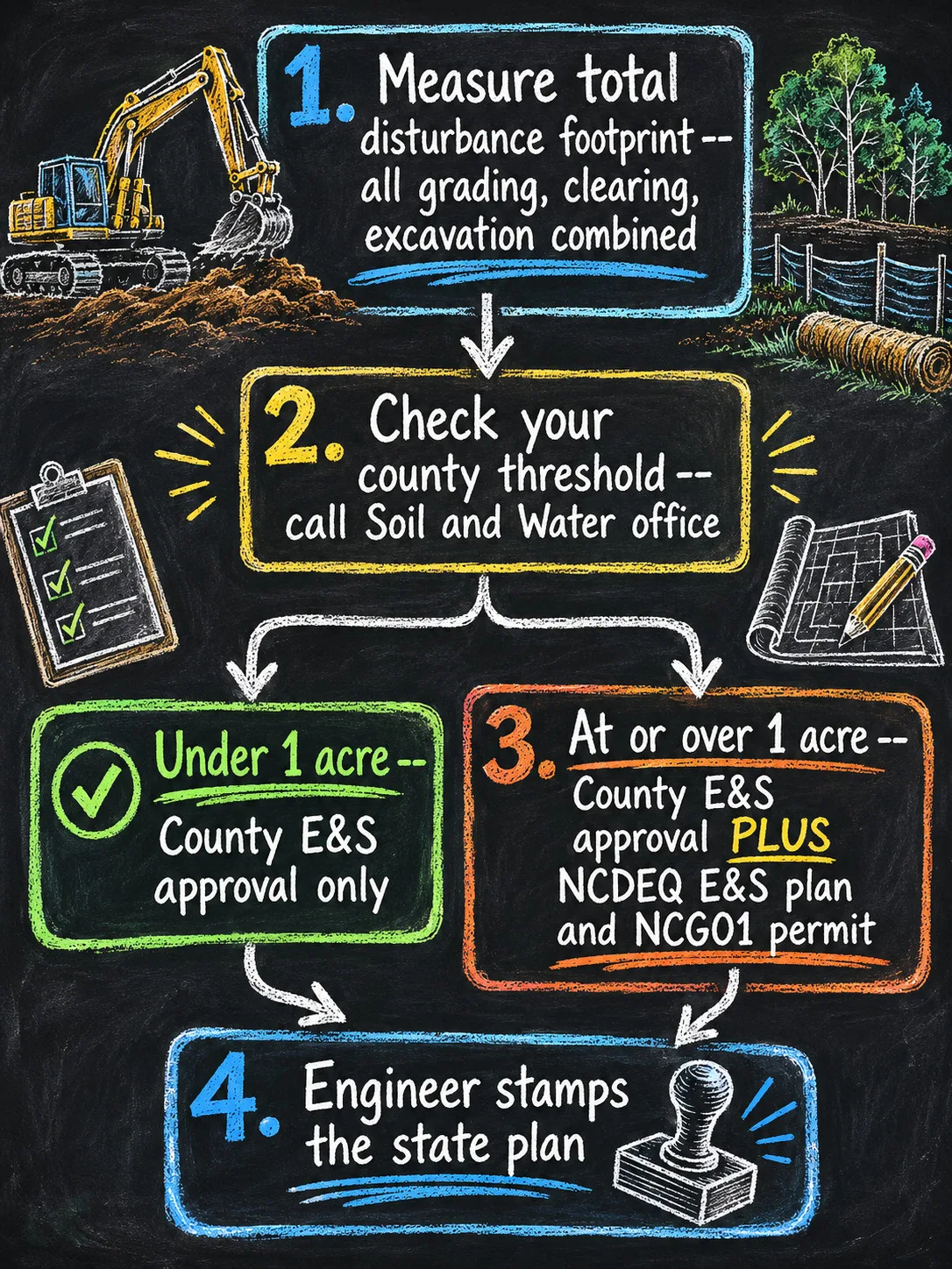 Chalkboard-style flowchart of the four-step permit decision framework: measure footprint, check county threshold, county-only or state-plus-county, engineer stamp.