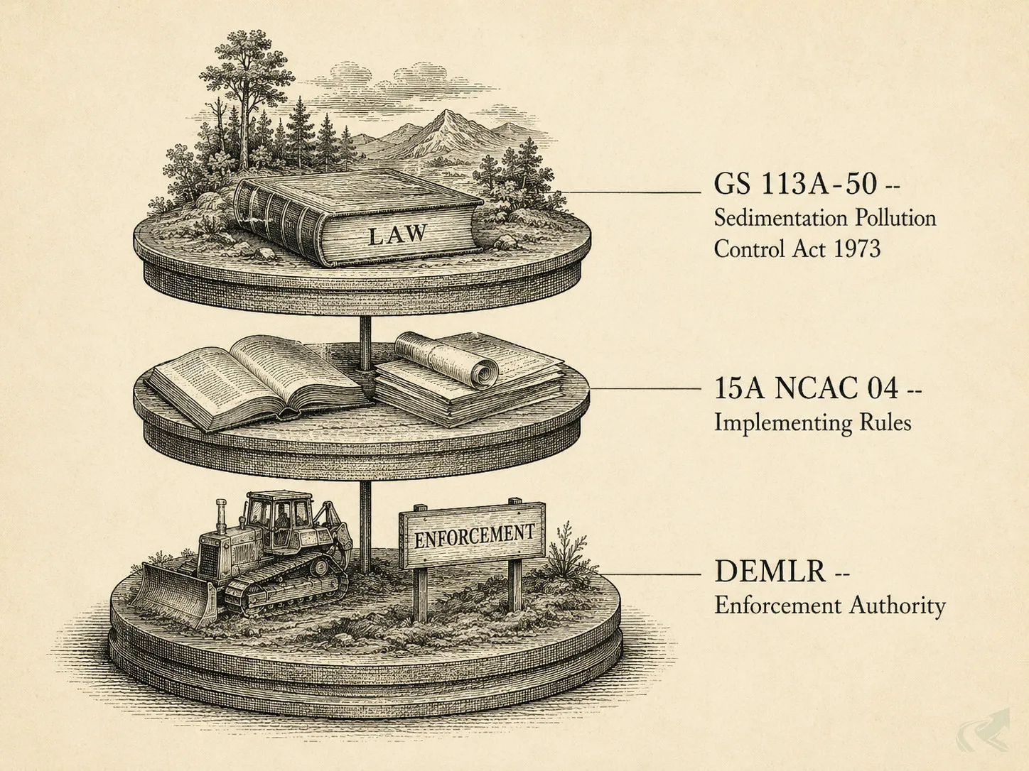 Engraving-style diagram showing NC erosion law hierarchy: SPCA statute at top, 15A NCAC 04 rules in middle, DEMLR enforcement at base.