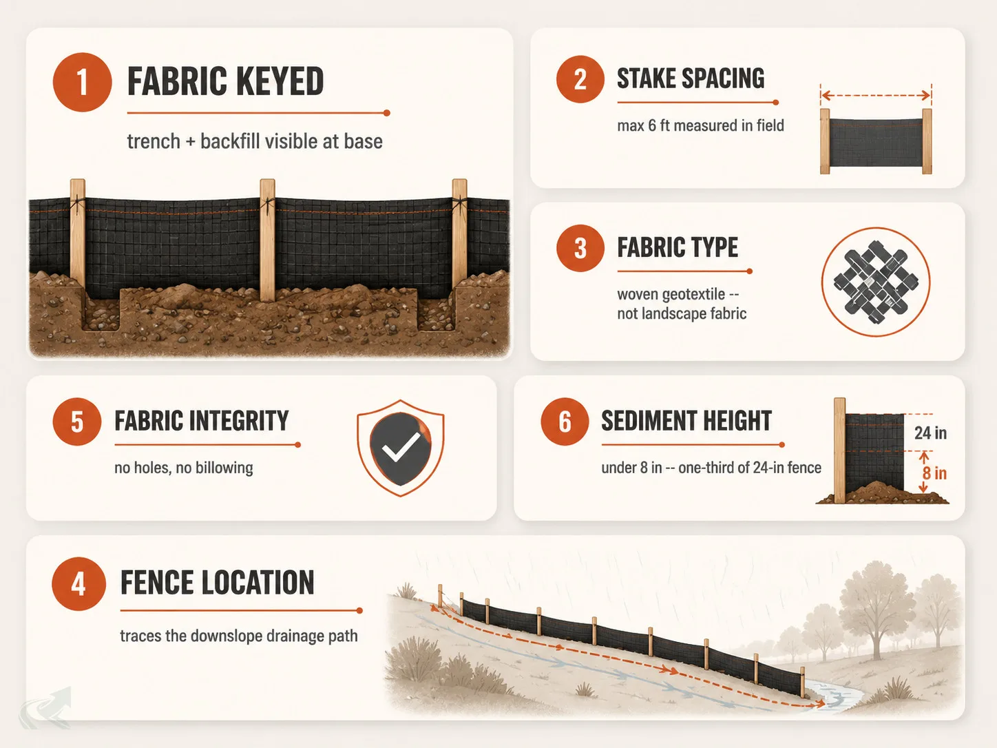 Bento-grid infographic showing the six items NC erosion and sediment control inspectors check on a silt fence: keying, stake spacing, fabric type, fence location, fabric integrity, and sediment accumulation height.