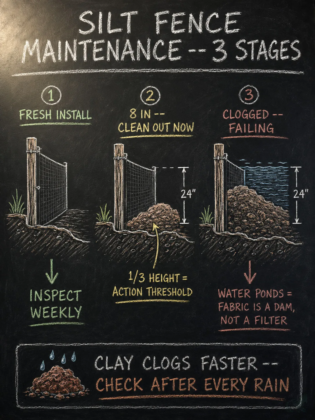 Chalkboard diagram showing three silt fence maintenance stages: fresh install requiring weekly inspection, the 8-inch one-third sediment threshold that triggers cleanout, and the clogged-fabric failure state where water ponds instead of filtering.