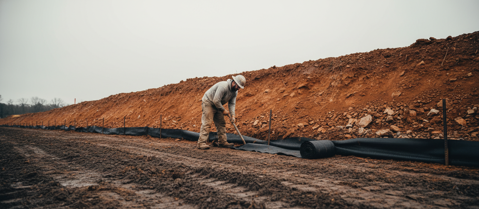 NC silt fence installation worker keying fabric into trenched clay slope.