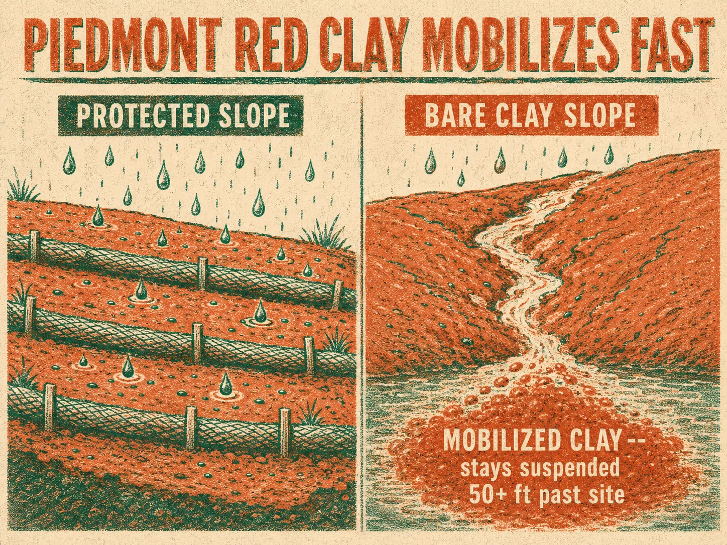 Risograph-style data illustration comparing a protected slope with wattles to a bare clay slope, showing how NC Piedmont red clay mobilizes and travels past the site boundary.