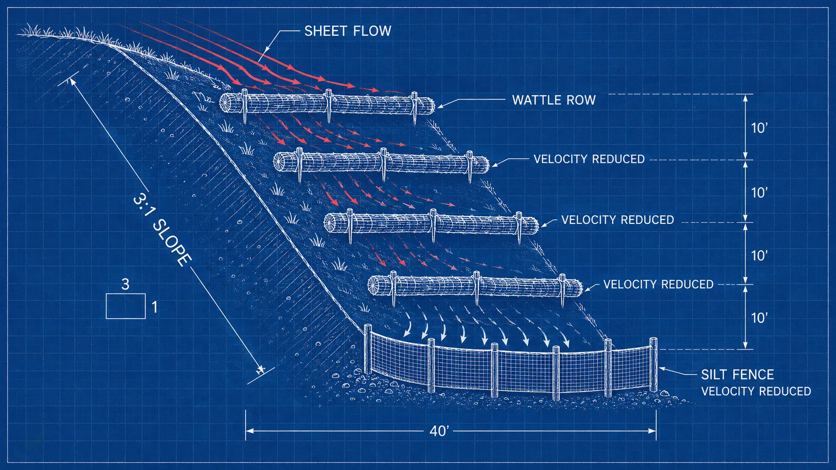 Blueprint cross-section diagram of a 3:1 slope showing straw wattles on contour intercepting sheet flow and silt fence at the toe capturing residual sediment.