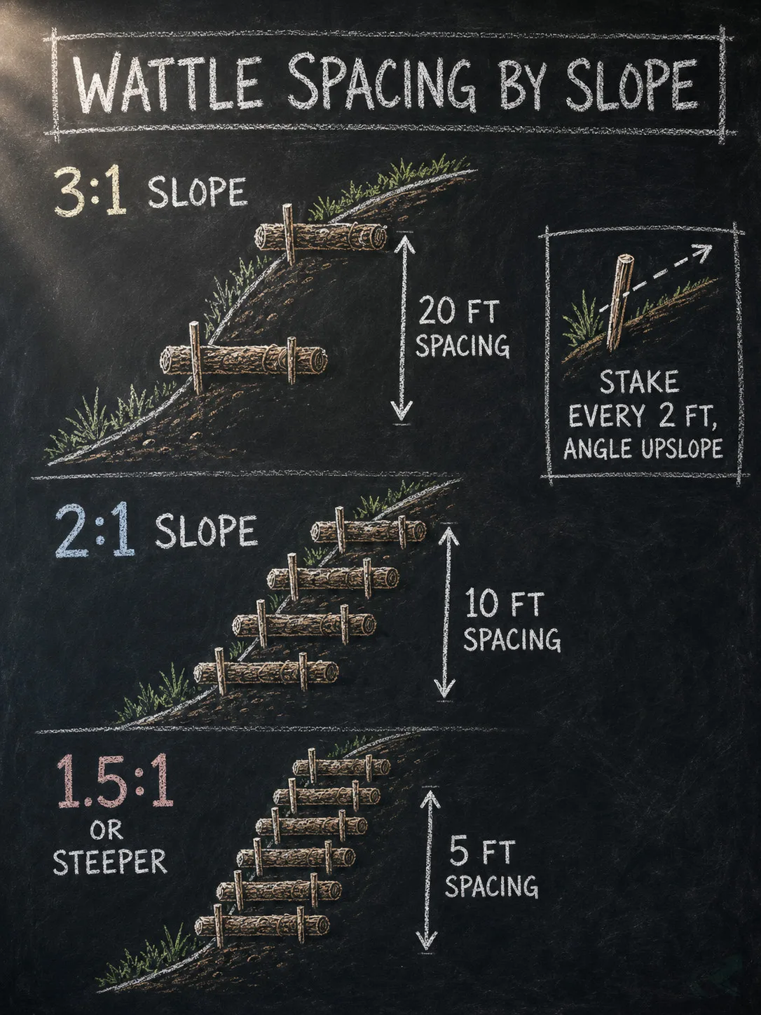 Chalkboard-style diagram showing wattle spacing by slope ratio: 20 feet apart on a 3:1 slope, 10 feet on a 2:1 slope, and 5 feet on a slope steeper than 1.5:1.