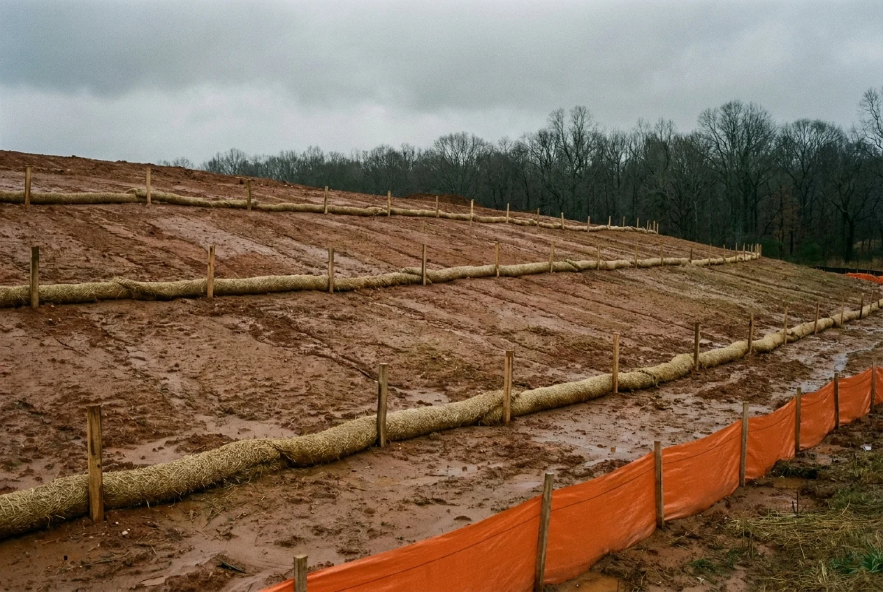 Tan straw wattles staked horizontally across a sloped bare red clay construction site along the contour lines, wooden stakes driven through the wattle bodies, with an orange silt fence at the toe of the slope.