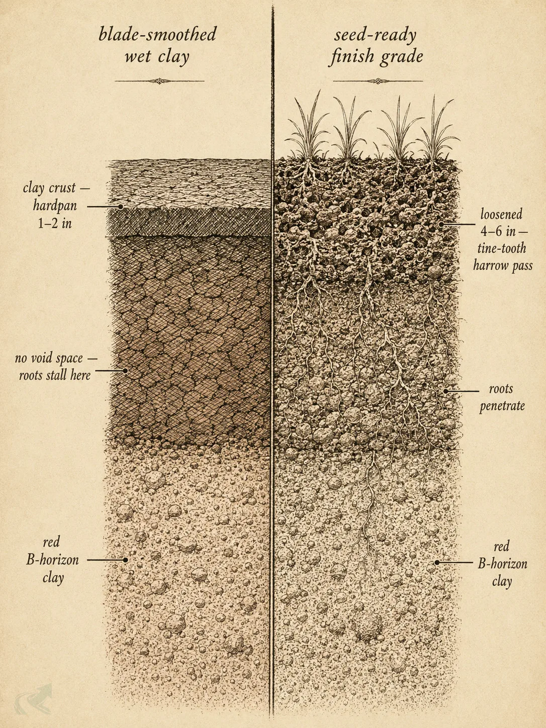 Field-guide cross-section comparison: blade-smoothed NC clay showing a sealed hardpan crust versus a properly loosened seed-ready finish grade where roots can penetrate.