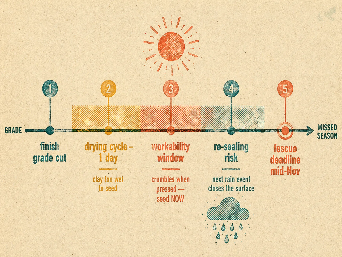 Risograph-style timeline showing the narrow workability window between finish grading and seeding NC Piedmont clay — too wet at first, then a brief seed-ready zone, then re-sealing risk.