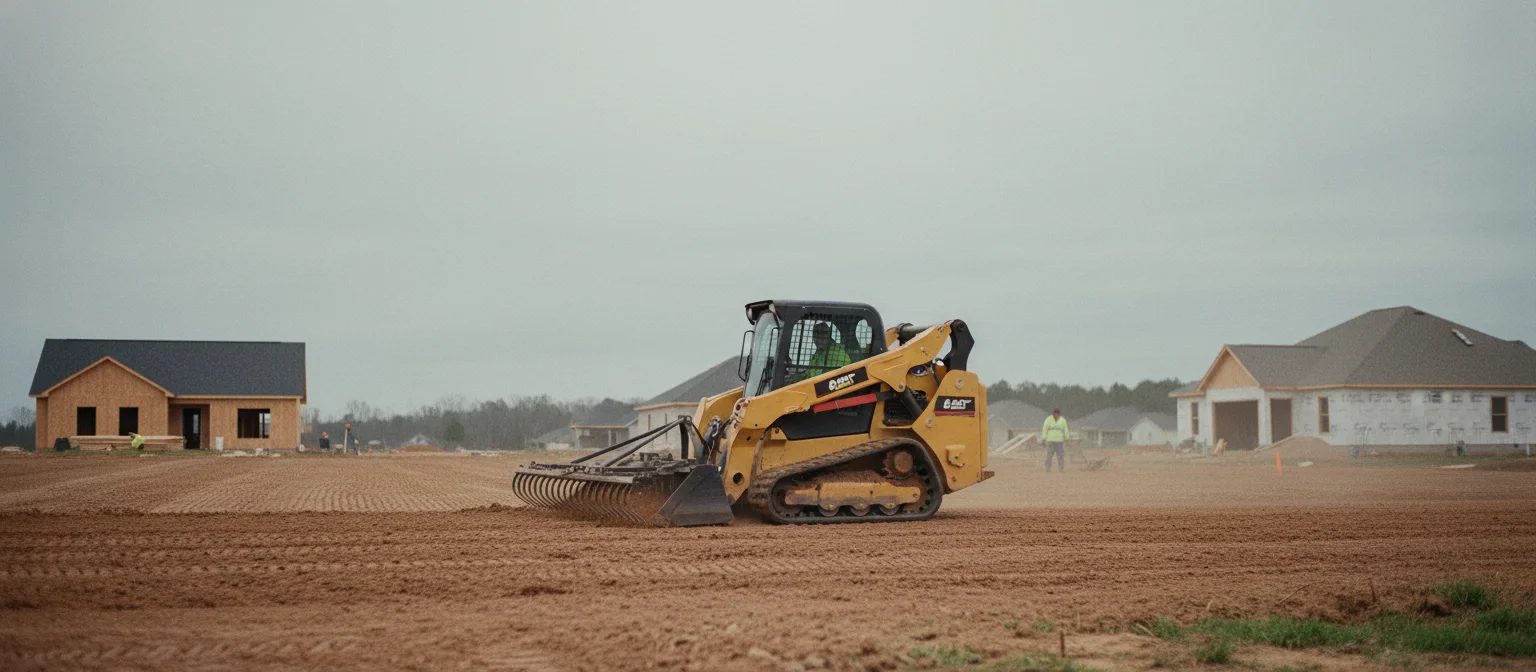 NC finish grading seed-ready yard smoothed by skid steer landscape rake.