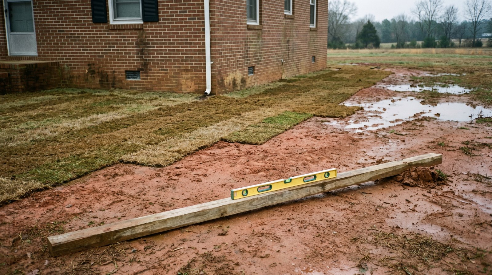 After rain, puddles of water stand out in the red clay yard away from the brick wall of a North Carolina house, where new sod meets bare soil and a long board with a yellow spirit level lies on the ground in the foreground.