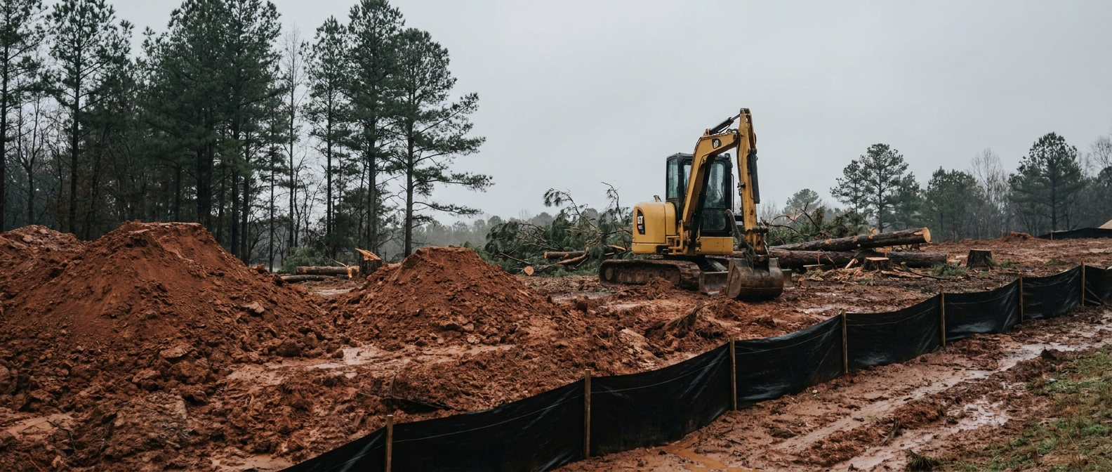 NC site grading excavator shaping red Piedmont clay beside a silt fence.