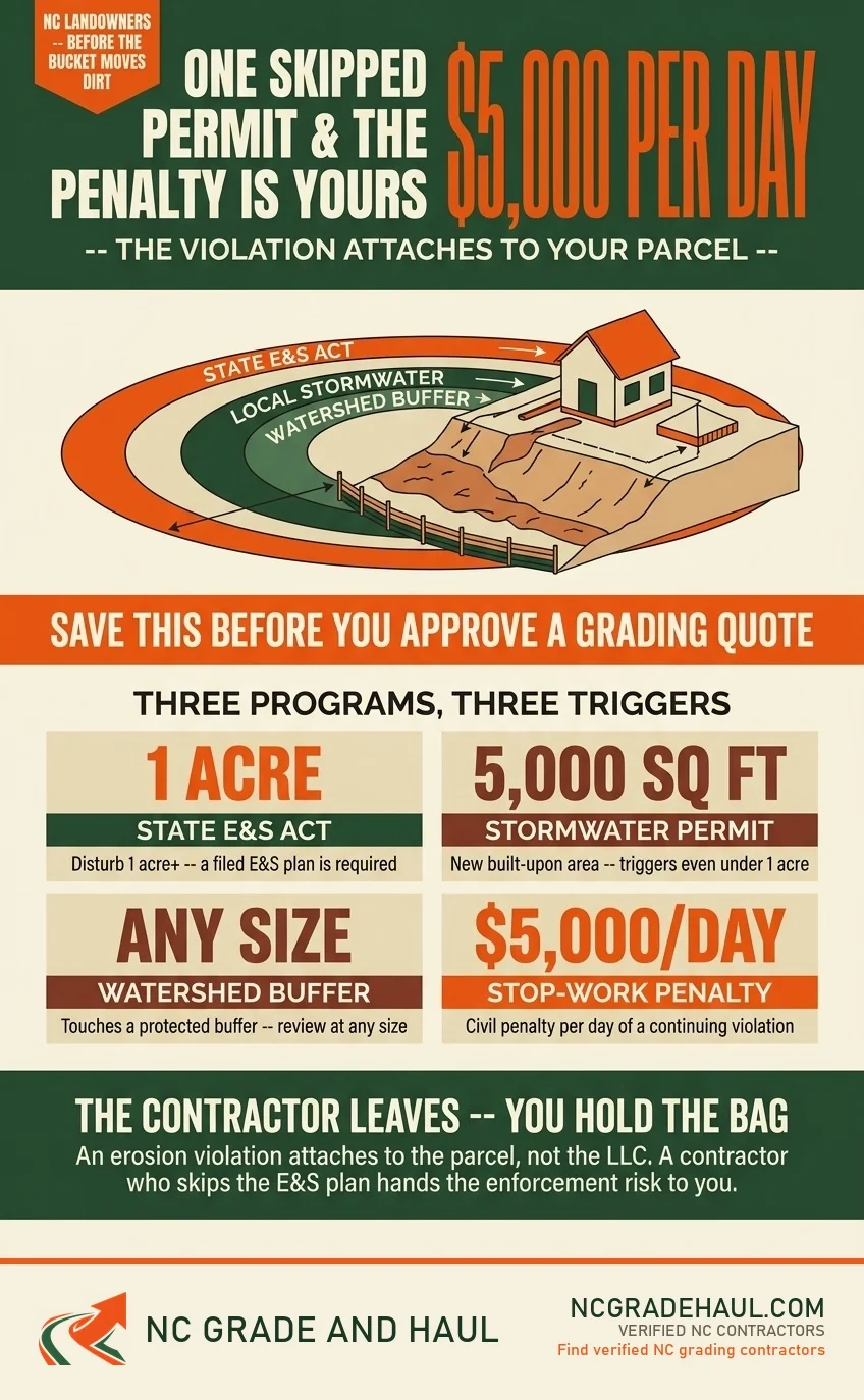NC Grade and Haul infographic: One skipped permit and the penalty is yours. NC earthwork can trigger three separate programs -- the state Erosion and Sediment Control Act at 1 acre disturbed, a local post-construction stormwater permit at 5,000 sq ft of new built-upon area, and watershed-buffer review at any project size. Stop-work civil penalties run $5,000 per day of a continuing violation, and the violation attaches to your parcel, not the contractor's LLC.