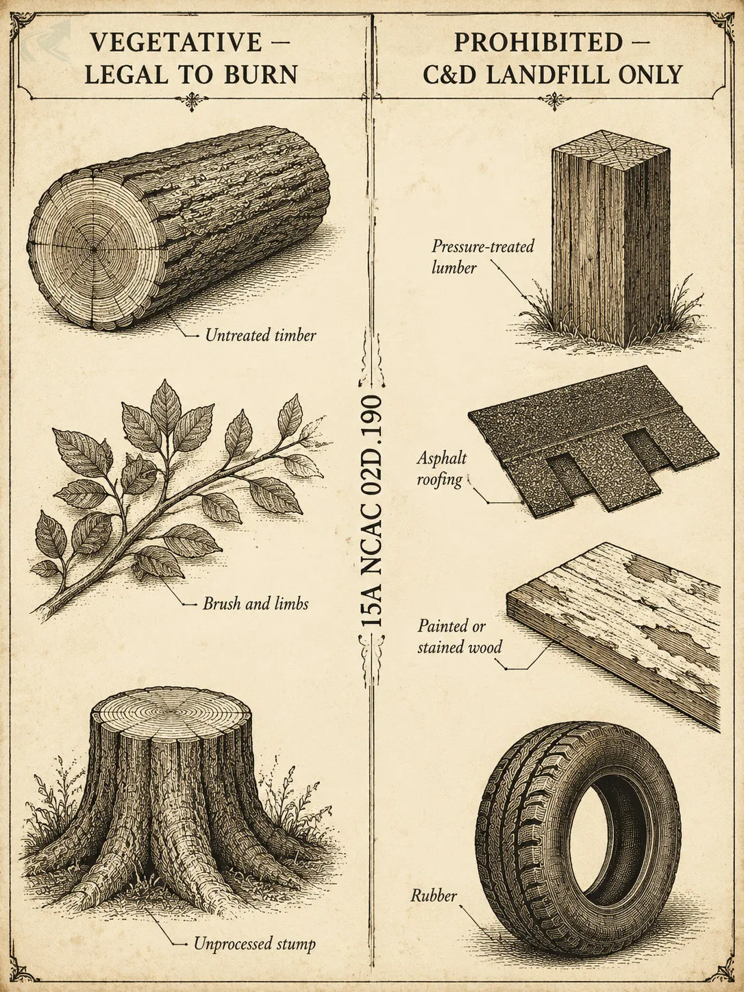 Two-column field-guide engraving comparing NC materials legal to burn (raw timber, brush, untreated stumps) against materials prohibited from open burning and on-site chipping (pressure-treated lumber, asphalt shingles, painted wood, rubber).