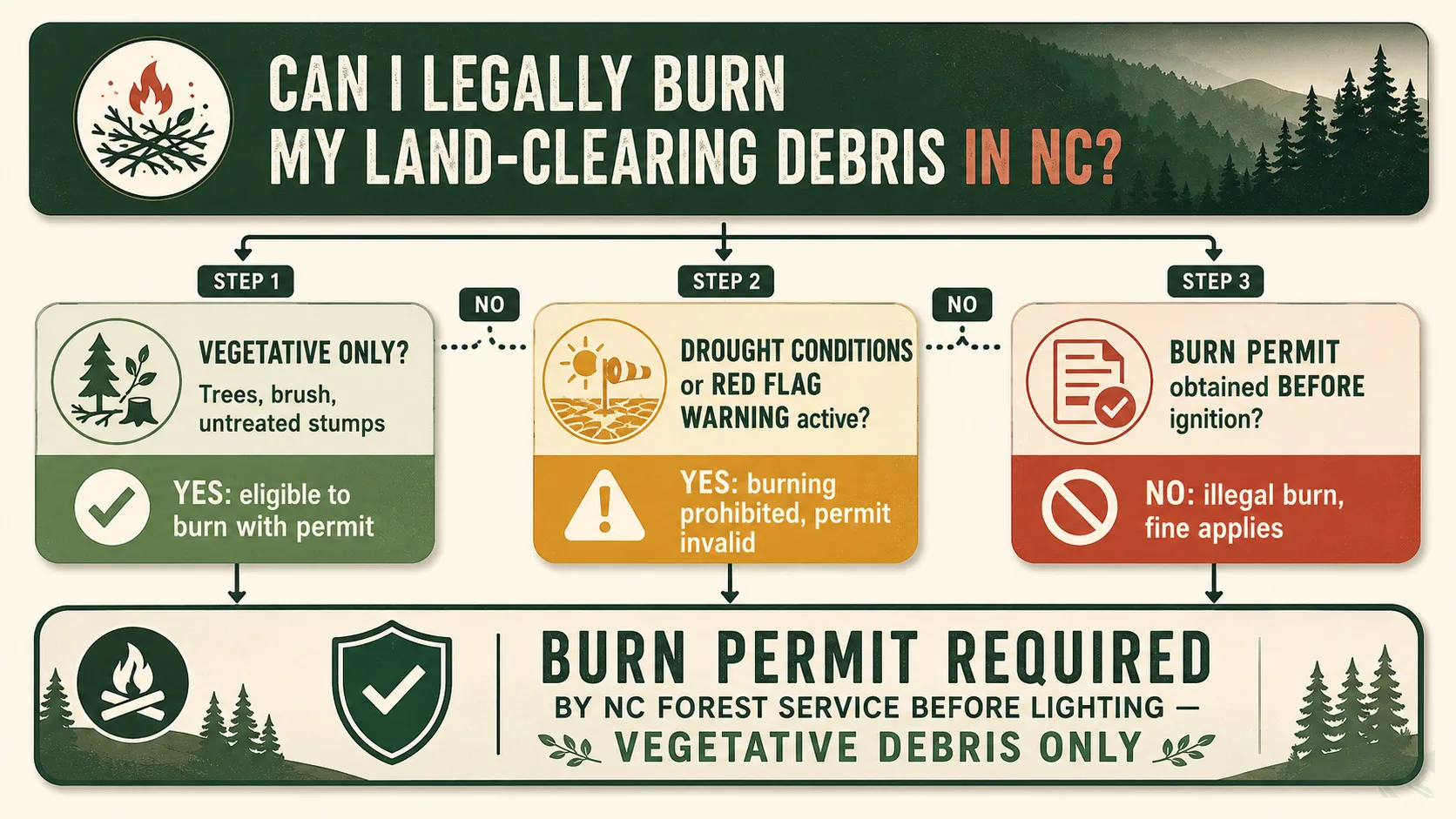 Decision flowchart showing three yes/no questions that determine whether a land-clearing burn is legal in North Carolina: vegetative-only debris, no drought/Red Flag Warning, and burn permit obtained before ignition.
