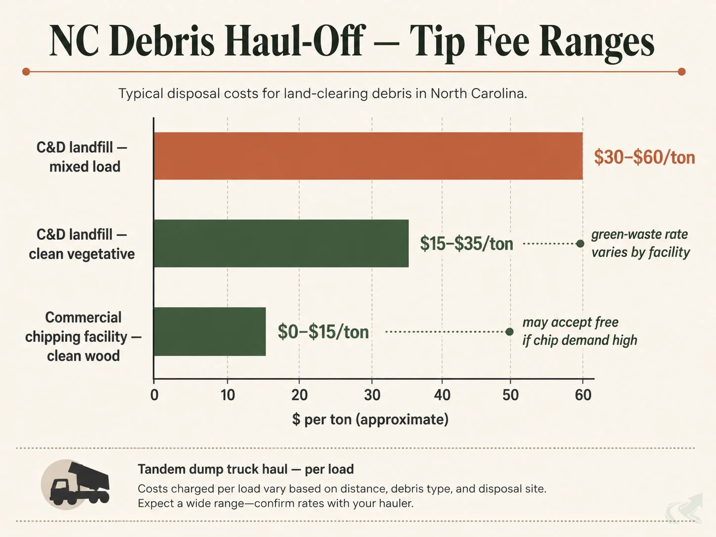 Horizontal bar chart comparing NC land-clearing debris haul-off tip fees: mixed C&D loads run $30–$60 per ton, clean vegetative material costs less, and commercial chipping facilities may accept clean wood free.