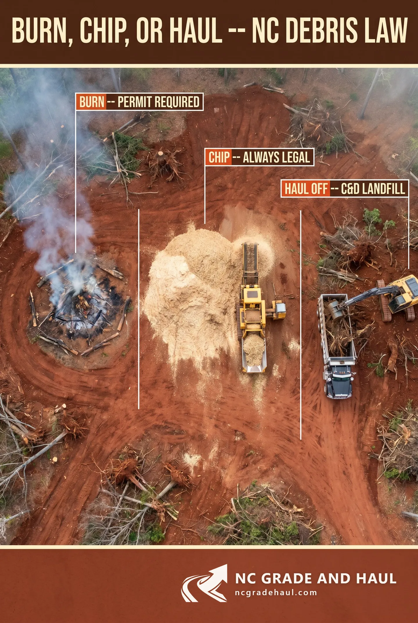 Legal options for NC land-clearing debris -- burning, chipping, and haul-off -- and which permits each one requires
