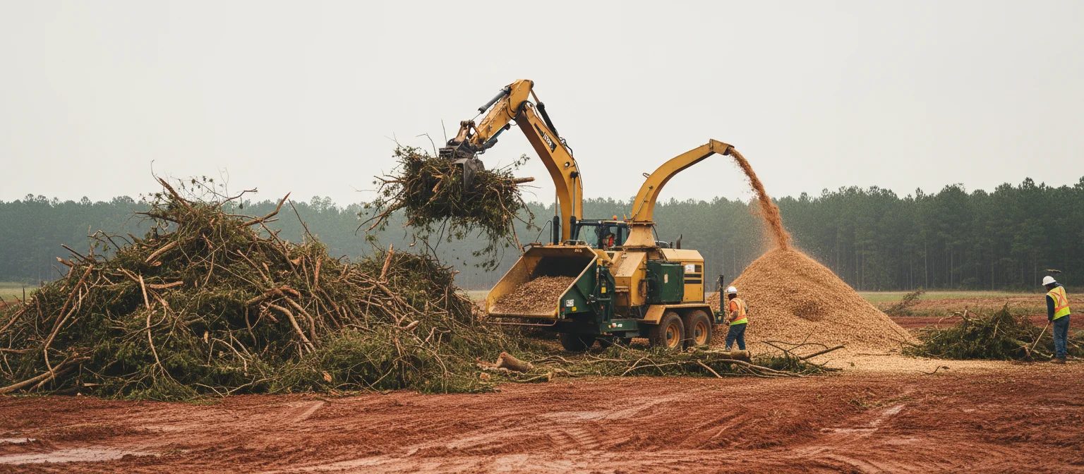 NC land clearing debris disposal excavator feeding brush into wood chipper.