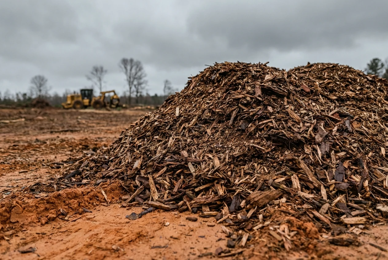 A large pile of fresh wood chip mulch on a North Carolina land-clearing site with a clearing machine and red clay ground visible behind it.