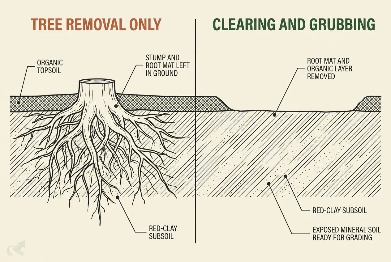 Cross-section schematic comparing tree removal only versus clearing and grubbing: the left panel shows a cut tree with the stump and root mat left in the ground; the right panel shows the root mat and organic topsoil layer fully stripped to clean mineral soil ready for grading.