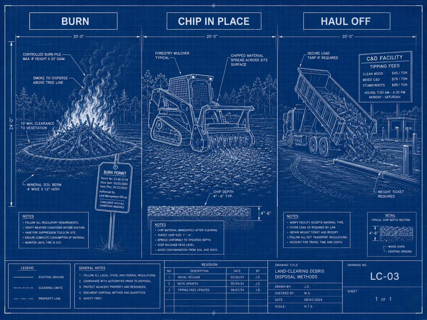 Blueprint-style diagram comparing NC land-clearing debris disposal methods: burn permit pile, chip-in-place mulcher, and haul-off to C&D facility with tipping fees.