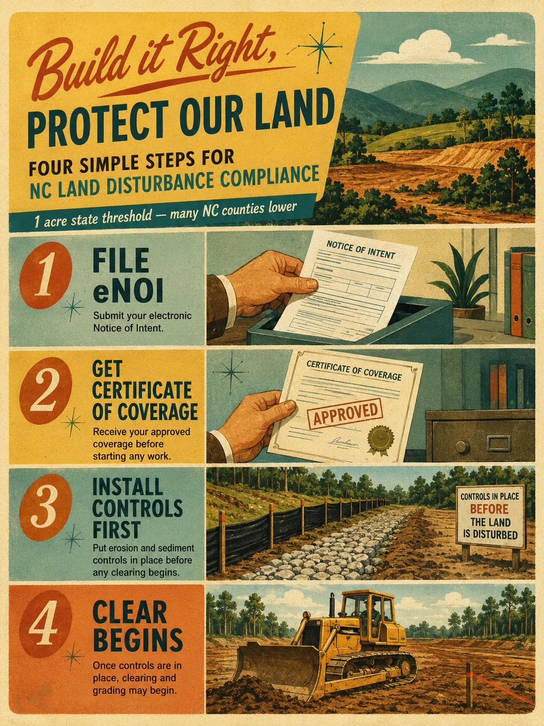 Mid-century style four-step sequence: file eNOI, receive Certificate of Coverage, install silt fence and rock entrance before clearing, then clearing begins — NC E&S compliance order.