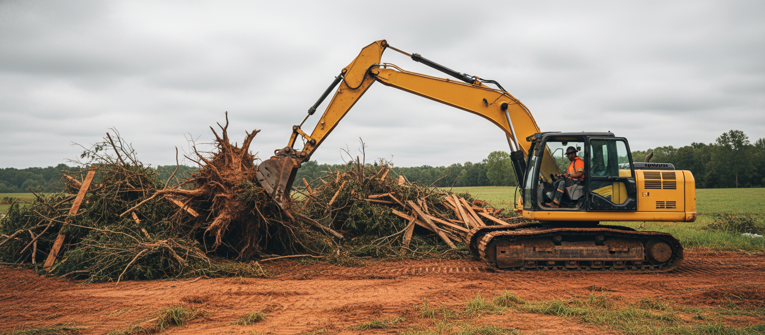 NC land clearing excavator moving root ball debris on Piedmont lot.