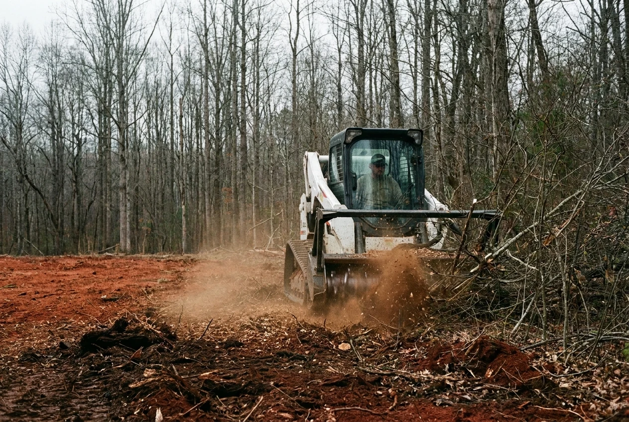 A forestry mulcher grinding dense brush at the edge of a cleared NC Piedmont lot with disturbed red clay soil visible and standing hardwood trees behind; the operator is small in frame inside the cab.