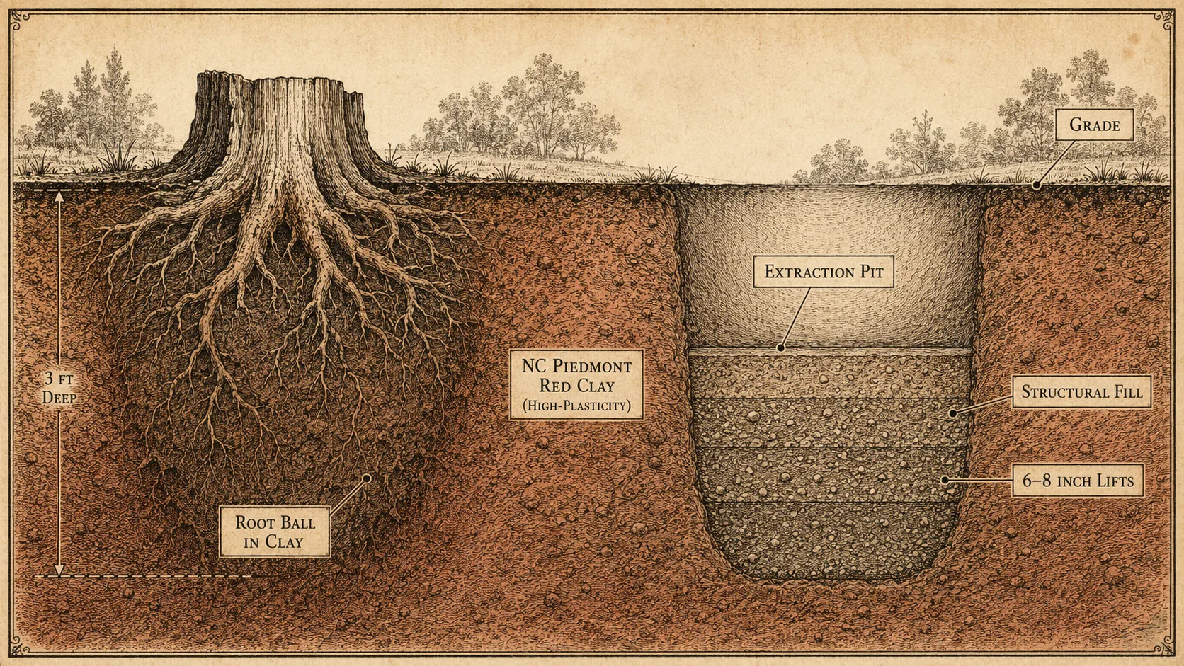 Vintage engraving cross-section comparing an intact stump root ball in NC red clay (left) with a properly backfilled extraction pit showing structural fill compacted in 6–8 inch lifts (right).