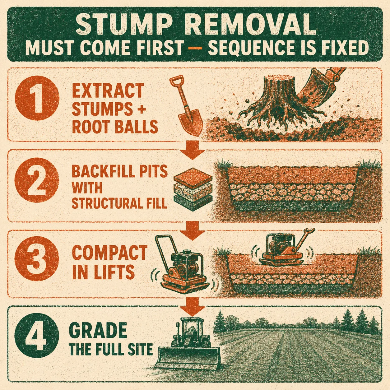 Risograph-print 4-step process sequence: (1) extract stumps and root balls, (2) backfill extraction pits with structural fill, (3) compact in lifts, (4) grade the full site — showing that stump removal must precede grading with no steps skipped.