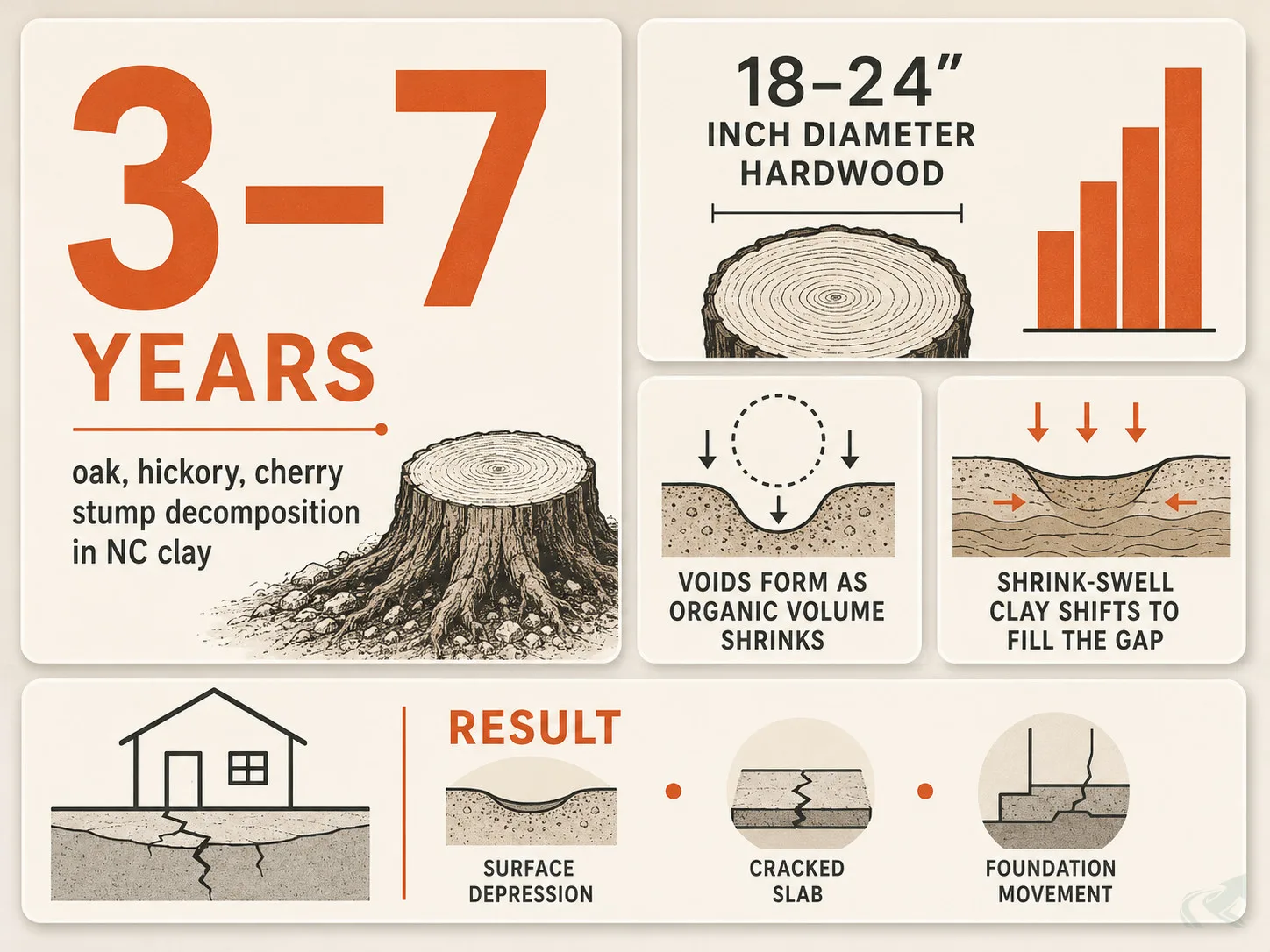 Bento-grid data graphic showing NC hardwood stump decomposition timeline of 3 to 7 years for 18–24 inch diameter oak, hickory, and cherry, with cards explaining how shrink-swell clay shifts around the decomposing root mass to form voids under structural zones.