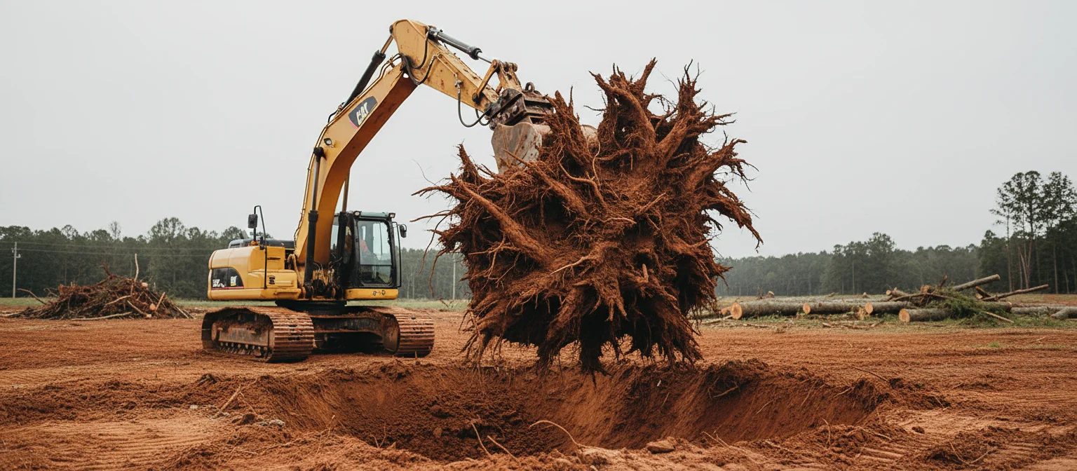 NC stump removal excavator lifting root ball from red clay clearing lot.