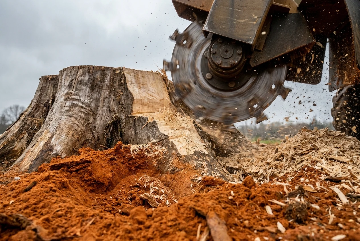 A stump grinder cutting head shredding a hardwood stump with wood chips flying, exposed red Piedmont clay around the stump base.