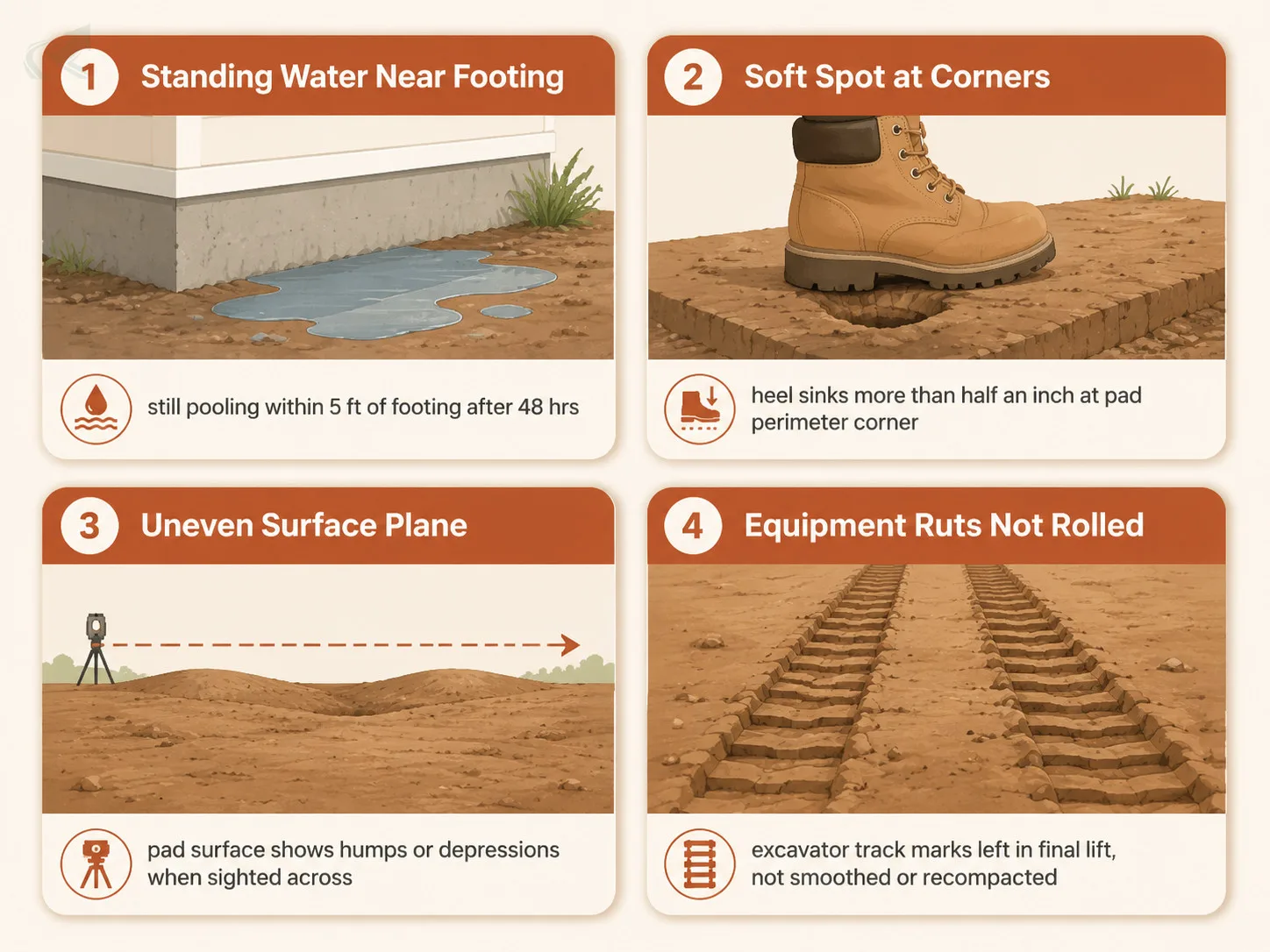 Four-card bento grid of new-home pad grading warning signs: standing water near footing line, soft spot at corners, uneven surface plane, and equipment ruts not rolled.