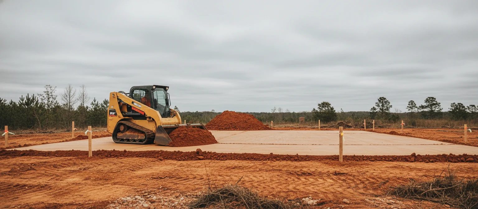 NC pad grading new home compact track loader leveling clay lot with stakes.